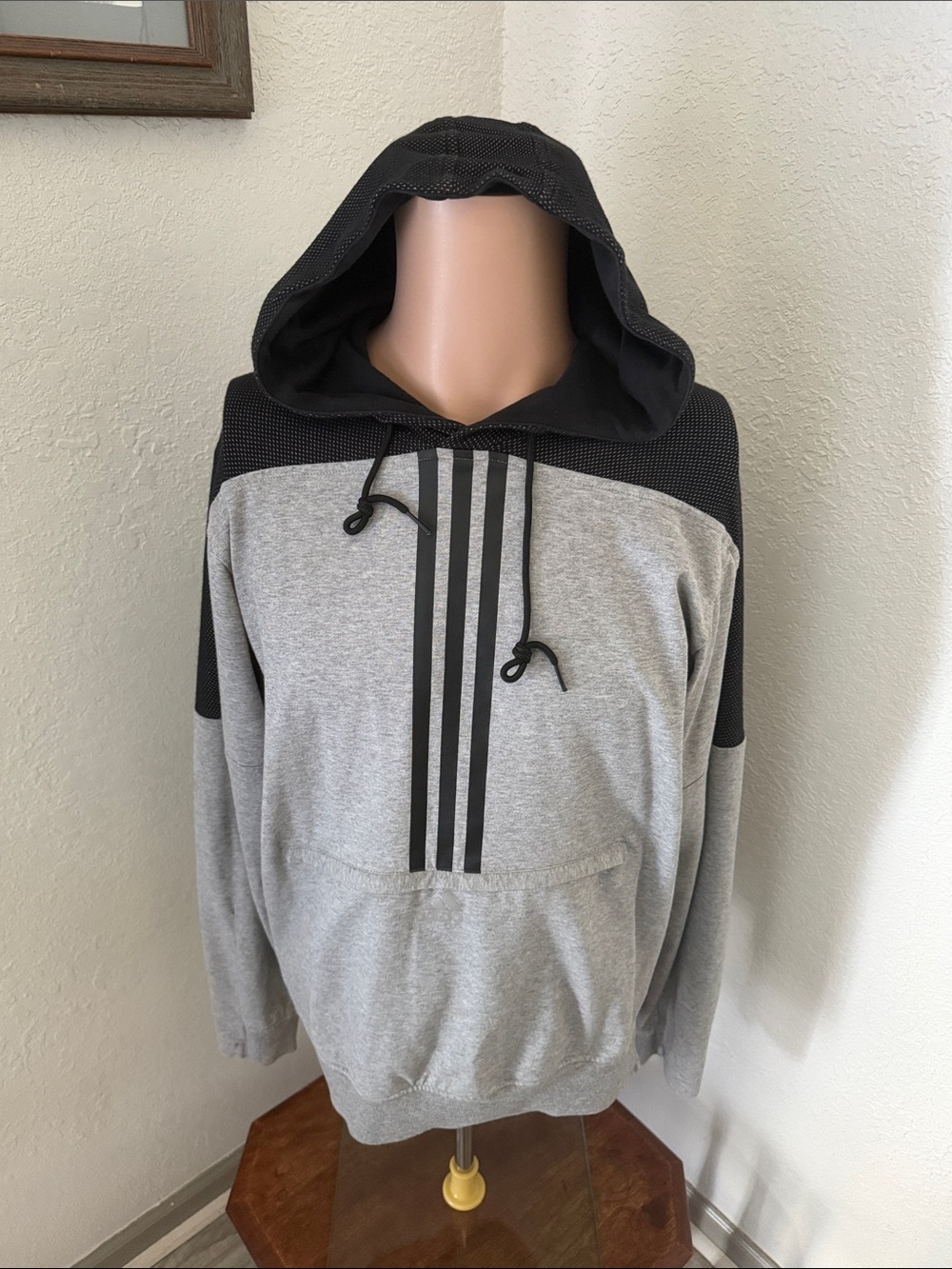 Adidas Men's Grey Hooded Pullover Sweatshirt with Black Accents kangaroo pouch